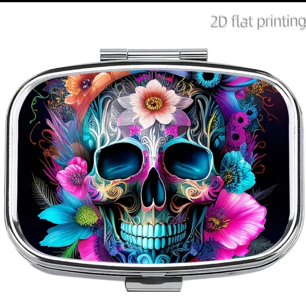 🆕️💊☠️SUGAR SKULL PORTABLE METAL PILL BOX ORGANIZER WITH MIRROR☠️💊 - Picture 3 of 13